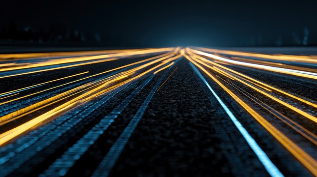 Abstract light trails streaking on dark road at night