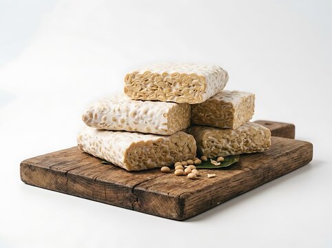 Stack of fresh tempeh blocks on a dark wooden board
