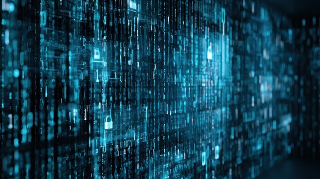 Abstract digital data stream with glowing blue binary code and padlock icons