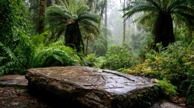 Mossy rainforest floor with large wet rock and ferns