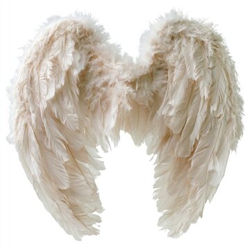 Soft white angel wings made of feathers on white background