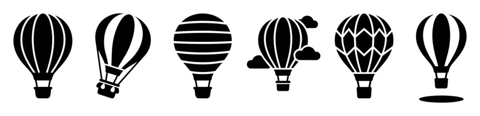 Hot air balloon vector icon set with different shapes, patterns, side views, and decorative elements including clouds and simple silhouettes for travel and adventure concepts © vadymstock