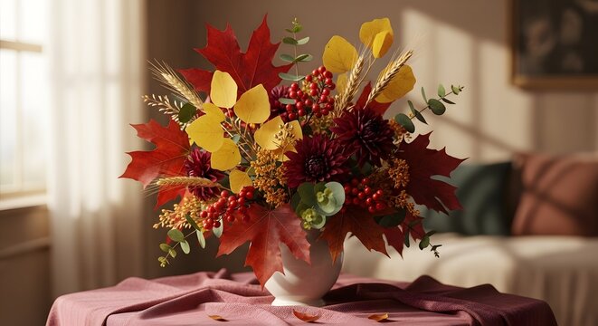 Autumn floral arrangement on table. Elegant fall centerpiece with vibrant seasonal flowers.