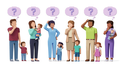 Diverse family groups seeking answers with purple icons.