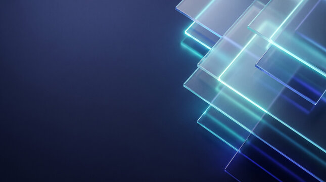 Fondo de presentaci&oacute;n corporativo moderno de alta resoluci&oacute;n, paneles de vidrio transl&uacute;cido con brillo de ne&oacute;n &iacute;ndigo