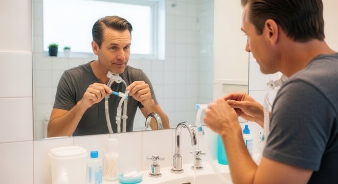 Two men examining a water flosser device in a modern bathroom mirror, focusing on dental hygiene with a thoughtful and attentive expression, bright lighting, clean white tiles, and various oral care.