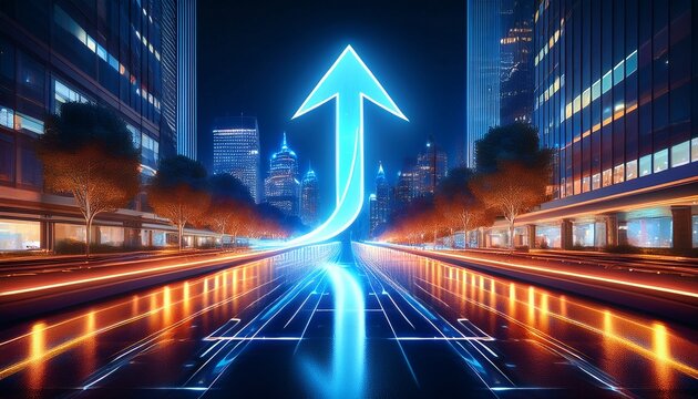 glowing arrow making a u turn over a reflective city street at night symbolizing business pivot strategic reversal and directional change