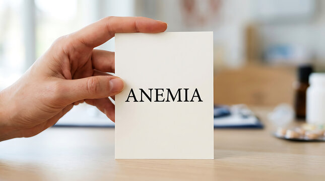 Hand holding white card with anemia text on wooden desk