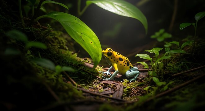 Green tree python coiled on mossy forest floor.