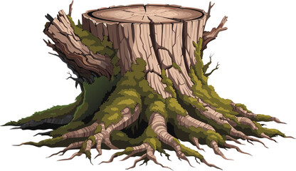 Fototapeta premium Moss-covered tree stump featuring realistic textures and authentic forest floor characteristics throughout naturally.