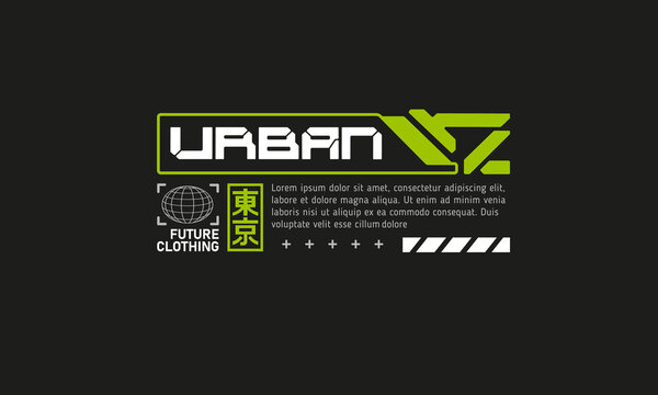 Futuristic streetwear typography badge vector. Editable cyberpunk tech logo label for apparel branding, fashion graphics, Y2K aesthetic and urban clothing collections