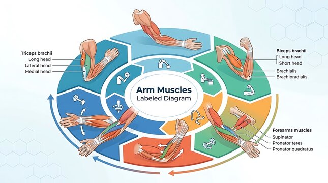 Labeled diagram of human arm muscle anatomy and movement