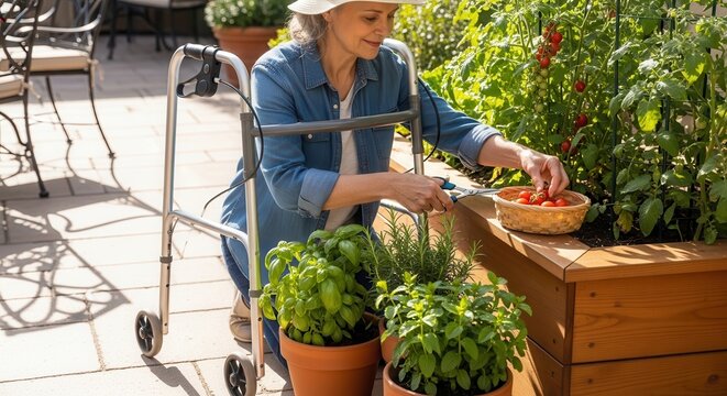 A smiling senior woman using a walker carefully harvests ripe cherry tomatoes from a raised garden bed while surrounded by fresh herbs in sunny outdoor patio garden.