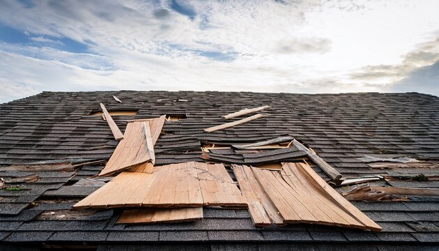 damaged roof showing exposed wooden structure and torn shingles after storm