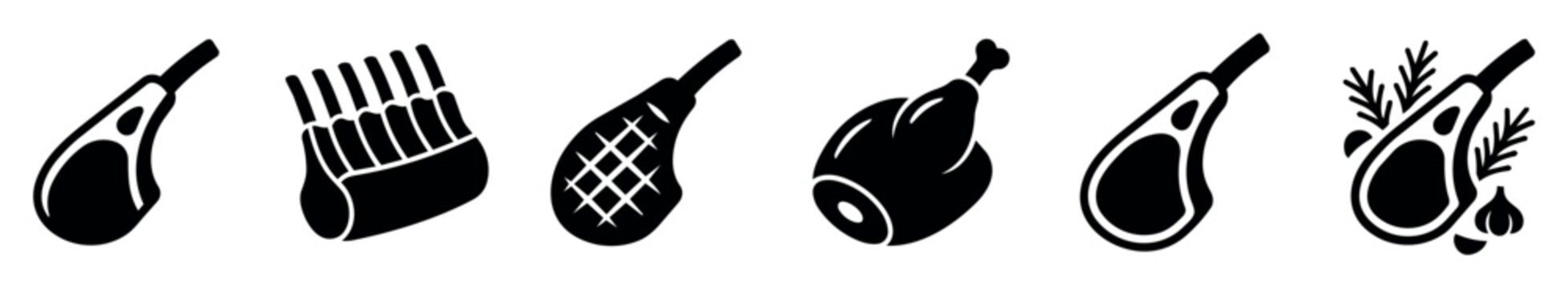 Set of black silhouette meat cut icons including steak, rib rack, ham, whole chicken, pork chop, lamb chop and garlic vector illustrations