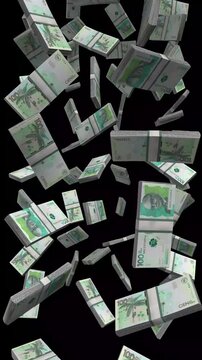 Vertical Colombia Money, Falling Colombian Peso Bills Black Background, Premium Latin America Bogota Finance Cash Stacks, 4K
