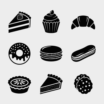 Black dessert icons, delicious pastry collection, graphic elements design