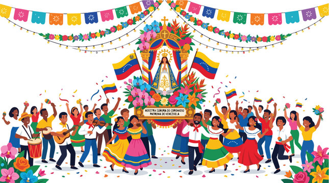 Venezuelan festival celebration with Virgin of Chiquinquira and joyful crowd.