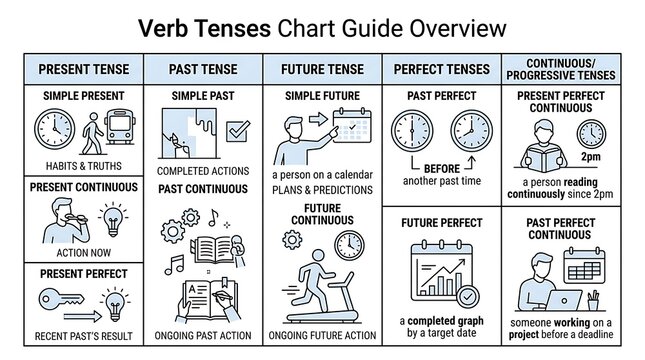 English verb tenses guide with icons for grammar education