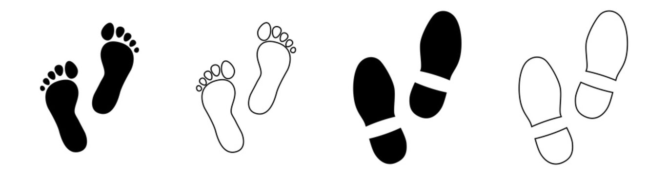 Footprint icon set, barefoot trace, shoe prints