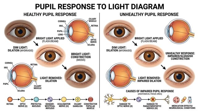 Medical diagram comparing healthy and unhealthy pupil light response