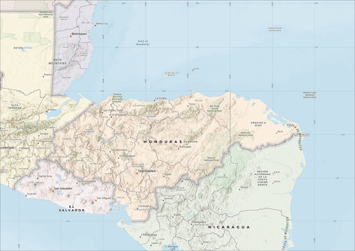 Highly Detailed Political and Physical Map of Honduras with Shaded Relief and Neighboring Countries