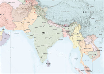Fototapeta premium Highly Detailed Political and Physical Map of India with Shaded Relief and Neighboring Countries