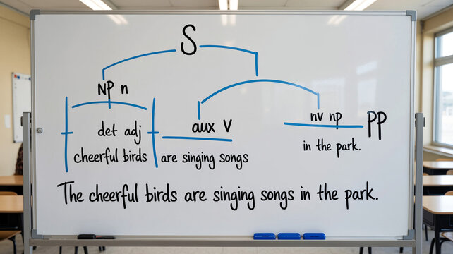 Grammar lesson on whiteboard showing sentence structure diagram for cheerful birds singing songs in park.