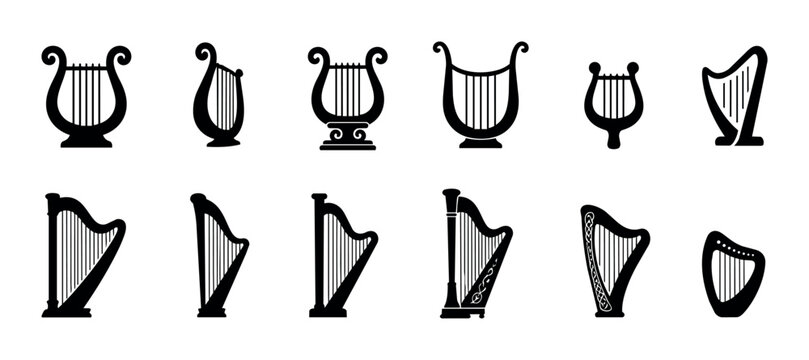 Collection of black and white harp and lyre musical instrument icons. Vector set of string instrument silhouettes featuring different harp and lyre designs for music, sound, art, and entertainment