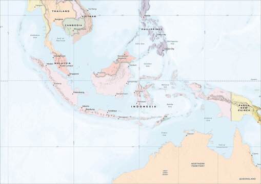 Highly Detailed Political and Physical Map of Indonesia with Shaded Relief and Neighboring Countries