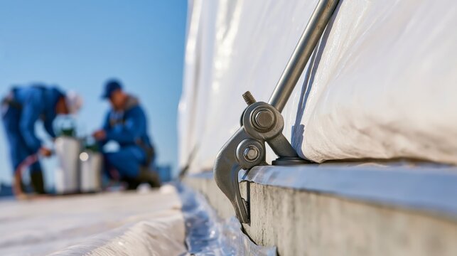 Fumigation tent seal clamp on a tarp edge in sharp focus and blurred fumigation technicians behind. Concept of structural fumigation service.