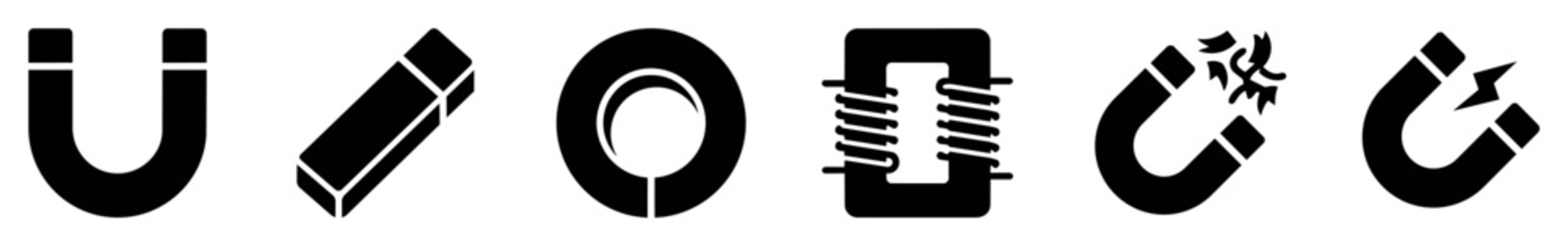 Magnet and magnetic materials icon set. Collection of vector illustrations depicting various magnet types and magnetic components including horseshoe magnet, rectangular magnet, coil inductor, and