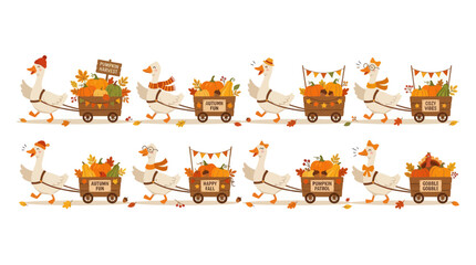 Cute cartoon geese pulling wooden wagons filled with pumpkins and autumn leaves for a festive fall harvest seasonal celebration design element © Shuvo