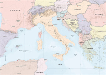 Naklejka premium Highly Detailed Political and Physical Map of Italy with Shaded Relief and Neighboring Countries