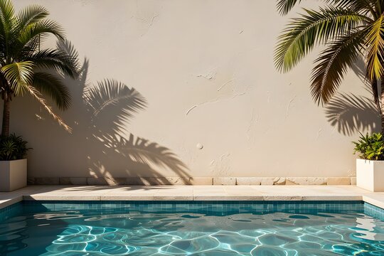 Tropical summer background with plaster wall, pool water and palm shadow. Luxury hotel resort poolside scene mockup template. Beach vacation holiday house with neutral architecture aesthetic.