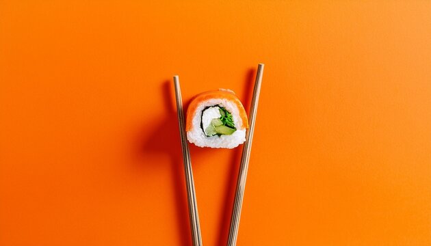 sushi roll with chopsticks on bright orange minimal background