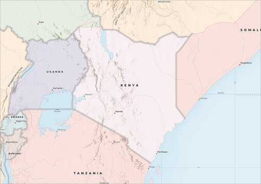 Highly Detailed Political and Physical Map of Kenya with Shaded Relief and Neighboring Countries