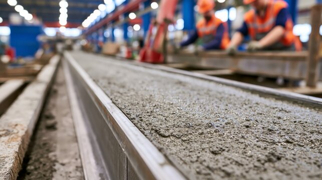 Precast curb mold on a vibration table in sharp focus and blurred casting yard workers behind. Concept of road curb manufacturing.