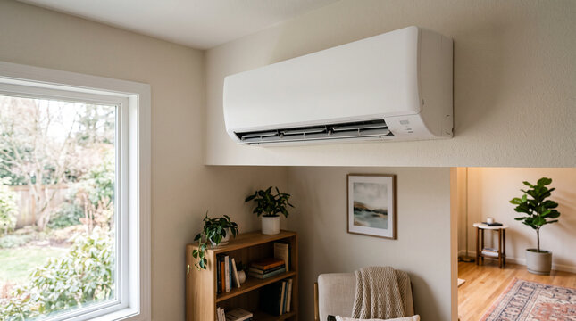 Wall mounted indoor heat pump air handler installed high on a room wall