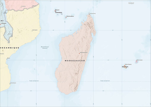 Highly Detailed Political and Physical Map of Madagascar with Shaded Relief and Neighboring Countries