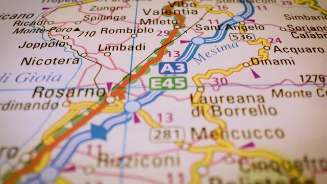 Calabria region, Italy, gliding macro view over atlas map