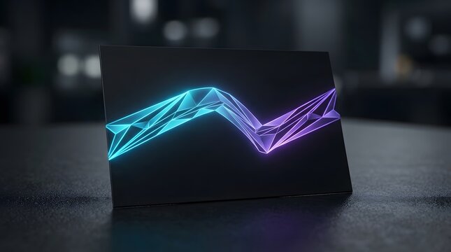 Modern business card mockup with geometric glowing blue and purple wireframe line design.