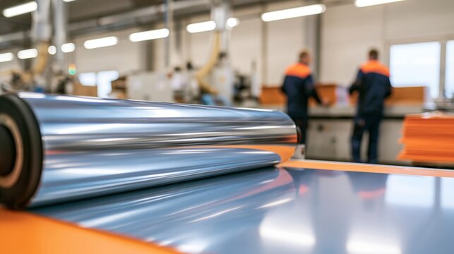 Reflective road sign laminator roller applying sheeting in sharp focus and blurred plant workers behind. Concept of traffic signage manufacturing.