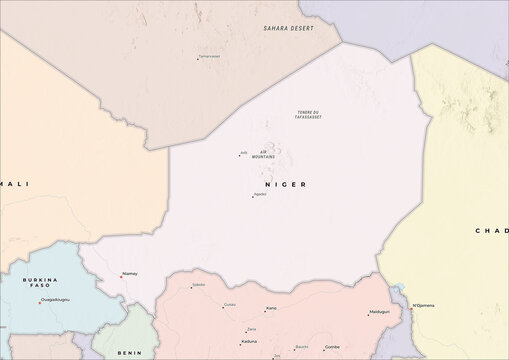Highly Detailed Political and Physical Map of Niger with Shaded Relief and Neighboring Countries