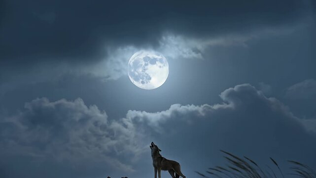 Halloween 2026 mysterious wolf howling at the bright full moon in cloudy night sky