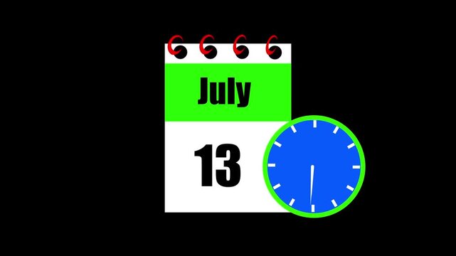 July month 13 date calendar icon animation. Animated Calendar Icon Showing Date Change with Clock Symbol Appointment Scheduling and Deadlines. Modern design calendar symbol background 4k video.