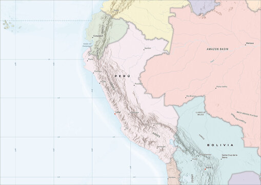 Highly Detailed Political and Physical Map of Peru with Shaded Relief and Neighboring Countries