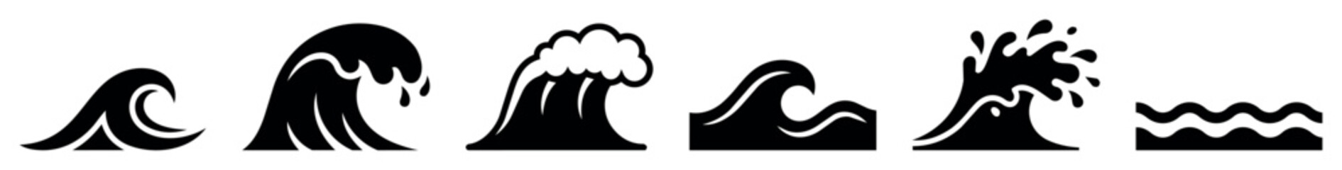 Fototapeta premium Ocean wave vector icons and symbols set featuring different stylized water wave shapes, surf wave elements, sea wave illustrations in black silhouette design for graphic projects and branding
