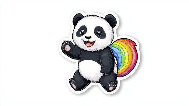 Cute panda sticker with colorful rainbow tail, showcasing joyful expression and playful pose. Perfect for decoration
