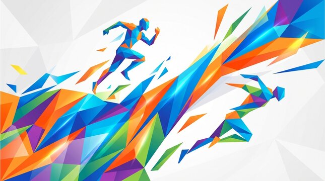 Abstract Low Poly Running Athletes Illustration with Vibrant Geometric Shapes